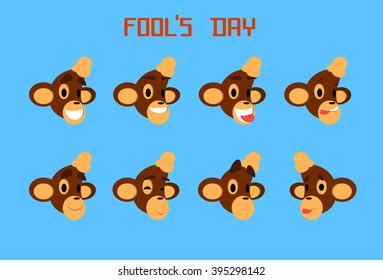Monkey Face Set Emotion Fool Day April Holiday Collection Flat Vector Illustration