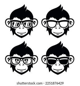 Monkey Face in Sunglasses Logo Set. Vector