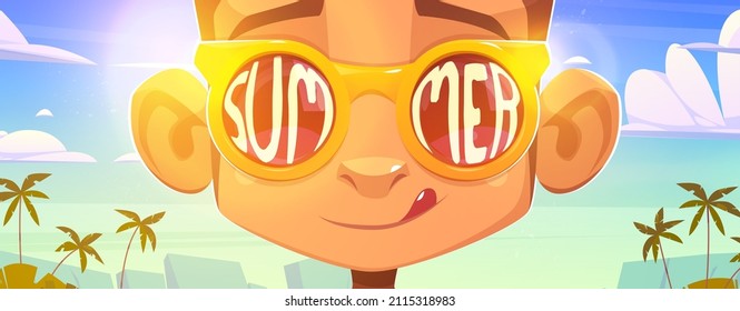 Monkey Face In Sunglasses With Summer Word Reflection On Glasses Surface. Funny Cartoon Ape Character Licking Lips On Exotic Beach Background With Palm Trees, Happy Emotion, Vector Illustration