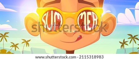 Monkey face in sunglasses with summer word reflection on glasses surface. Funny cartoon ape character licking lips on exotic beach background with palm trees, happy emotion, Vector illustration