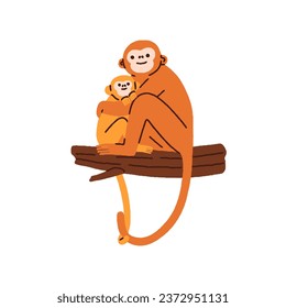 Monkey family, cute funny mother and baby sitting on tree branch, hugging. Happy smiling embracing mom and kid child animals, jungle primates. Flat vector illustration isolated on white background