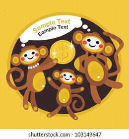 Monkey family with dollar. Vector illustration of money dreams.