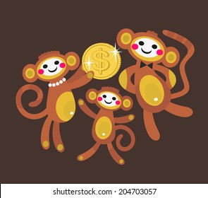 Monkey family with dollar. Vector illustration of money dreams. 