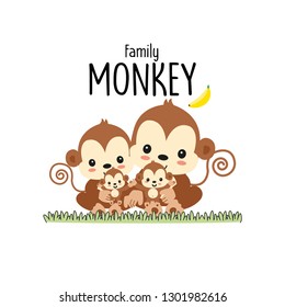 Monkey Family Father Mother and baby. Vector illustration.