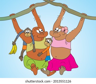monkey family, four animals, funny illustration, vector , color picture on blue background
