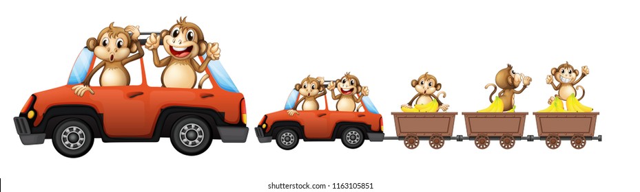 Monkey family on the car illustration