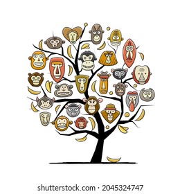 Monkey family tree. Sketch for your design. Childish style