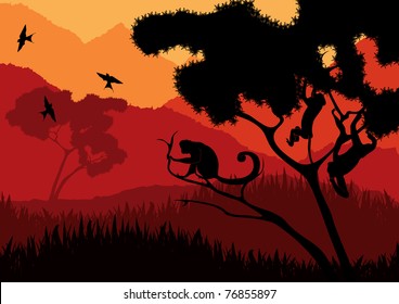 Monkey family in wild africa landscape