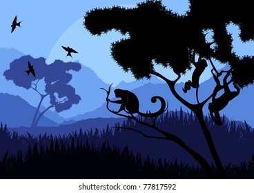 Monkey family in wild nature landscape illustration