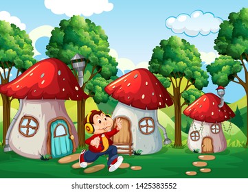 Monkey at the fantasy land illustration