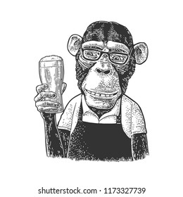 Monkey Fast Food Worker Dressed In Apron Holding Glass Of Beer. Vintage Black Engraving Illustration. Isolated On White Background. Hand Drawn Design Element For Poster And T-shirt