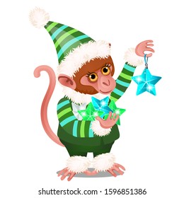 Monkey in a festive costume isolated on a white background. Vector cartoon close-up illustration