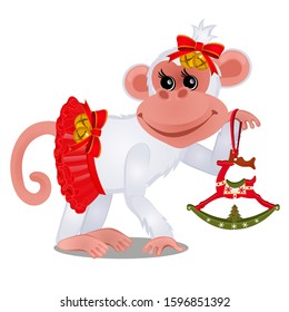 Monkey in a festive costume isolated on a white background. Vector cartoon close-up illustration