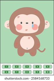 Monkey First Aid Sticker Activity for Kids – Adorable Monkey with Small Wounds and Tear on Green Background