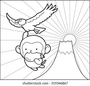 Monkey and The first is Mt.Fuji,the second is hawks,and the third is eggplants