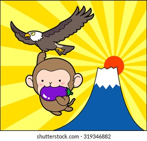 Monkey and The first is Mt.Fuji,the second is hawks,and the third is eggplants