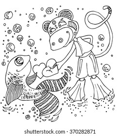 the monkey with fish celebration valentines day cartoon for coloring hand drawn isolated on the white background