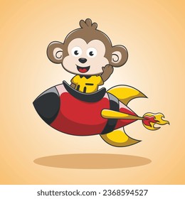 Monkey flies to the moon on a rocket. Cute cartoon character for children. Doodle animal. Space theme. Vector illustration.