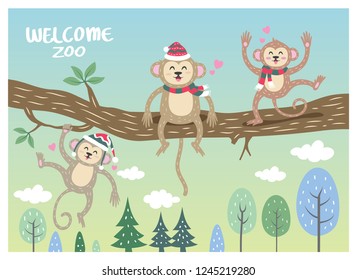 The monkey flock designs are cheerful on the branches and beautiful backgrounds.