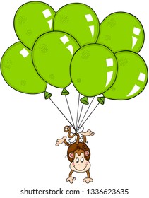 Monkey flying with green balloons