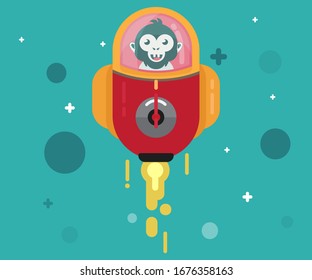 A monkey is flying into space using a capsule plane. Cartoon vector illustration