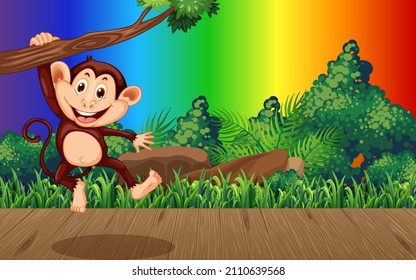 Monkey in the forest on gradient rainbow background illustration