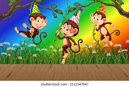 Monkey in the forest on gradient rainbow background illustration