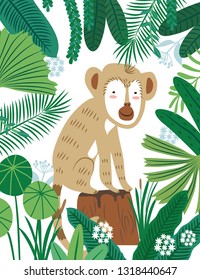 Monkey in forest pattern. Vector illustration