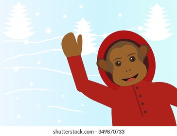 monkey in the forest in search of a Christmas tree. Symbol of the New Year, Vector