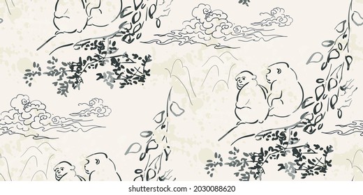 monkey forest vector japanese chinese nature ink illustration engraved sketch traditional textured seamless