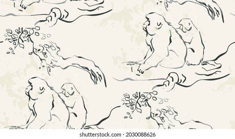 monkey forest vector japanese chinese nature ink illustration engraved sketch traditional textured seamless