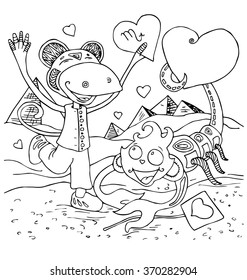 the monkey with friend scorpio celebration valentines day cartoon for coloring hand drawn isolated on the white background