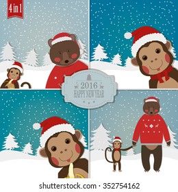Monkey with friends Bear and Santa. Greeting for New Year and Christmas. 4 greeting cards in 1 set. Vector