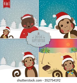 Monkey with friends Bear and Santa. Greeting for New Year and Christmas. 4 greeting cards in 1 set. Vector