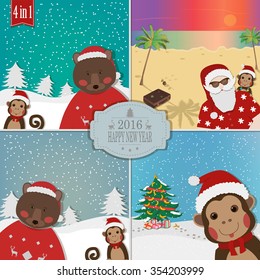 Monkey with friends Bear and Santa. Greeting for New Year and Christmas. 4 greeting cards in 1 set. Vector