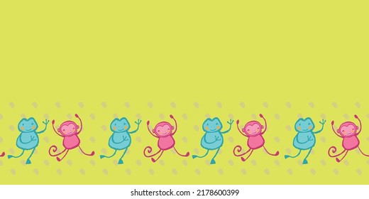 Monkey Frog Dots Frame Border Seamless Pattern. Vector illustration. Perfect for party, fashion, decoration, textile design, background, illustration, carpet, tiles and rug.