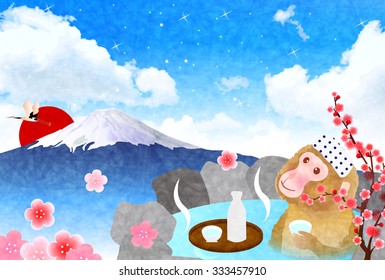 Monkey Fuji hot spring greeting cards