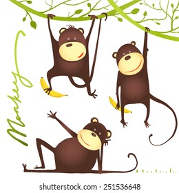 Monkey Fun Cartoon Hanging on Vine with Banana. Playing and showing poses amusing monkey. Vector illustration EPS10.