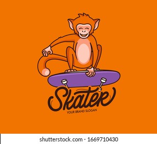 Monkey funny logotype with text, phrase. Sport animal logo and emblem. Jungle macaque character, badge, sticker, label on background isolated.  Vector illustration