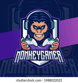 monkey gamer with console and headphone mascot esport logo design character
