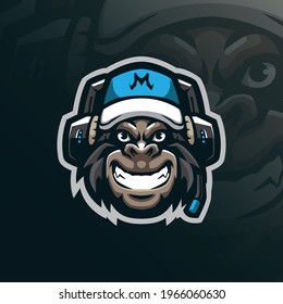 Monkey gamer mascot logo design vector with modern illustration concept style for badge, emblem and t shirt printing. Monkey head illustration for sport team.