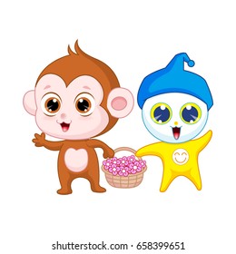 A monkey and Gemini carry a basket of flowers 