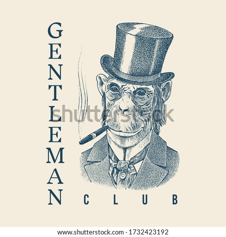 Monkey gentleman with a cigar and in a hat. Chimpanzee dressed in Suit. Fashion Animal character label. Hand drawn sketch. Vector engraved illustration for label, logo and T-shirts or tattoo.