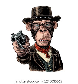 Monkey gentleman holding a revolver and dressed in a hat, suit, waistcoat. Vintage color engraving illustration. Hand drawn design element for t-shirt and poster isolated on white background Monkey gentleman holding a revolver and dressed in a hat, suit, waistcoat. Vintage color engraving illustration. Hand drawn design element for t-shirt and poster isolated on white background
