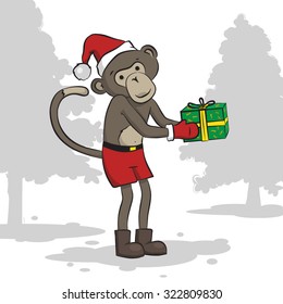 Monkey with a gift box. New year. Vector illustration.