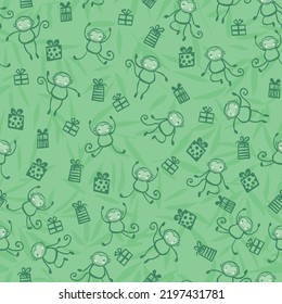 Monkey Gift Leaves Stripes Polka Dots Seamless Pattern. Vector illustration. Perfect for party, fashion, decoration, textile design, background, illustration, carpet, tiles and rug.