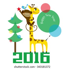 a monkey and a giraffe decorate the Christmas tree