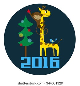 a monkey and a giraffe decorate the Christmas tree