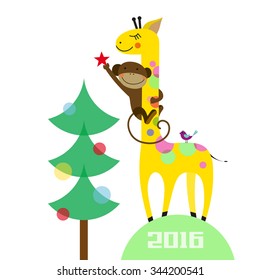 a monkey and a giraffe decorate the Christmas tree