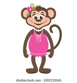 A monkey girl in a pink dress and with a flower on her head. Cartoon character on a white background. Vector illustration.